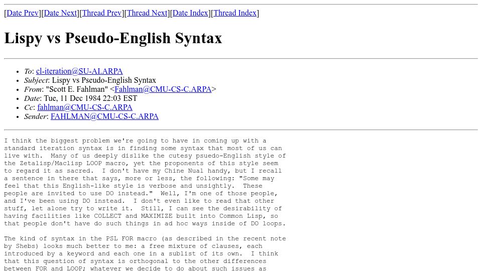 Screenshot of ml.cddddr.org: Lispy vs. Pseudo-English Syntax (1984)