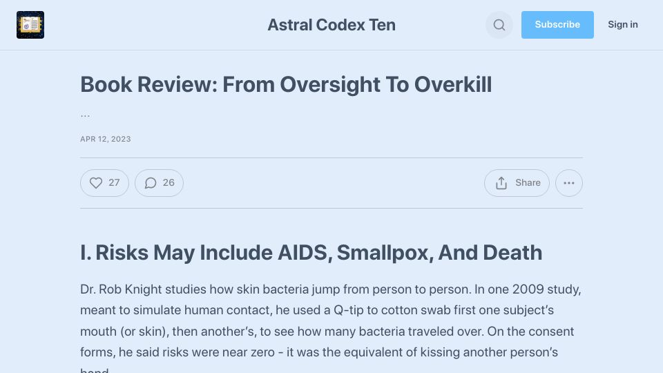Screenshot of astralcodexten.substack.com: Book Review: From Oversight To Overkill