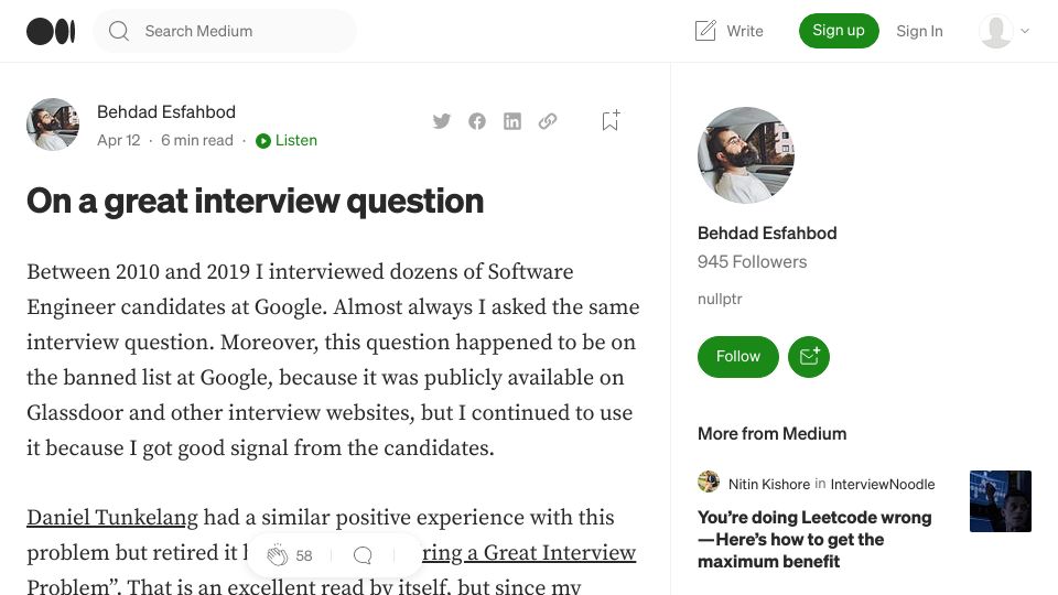 Screenshot of behdadesfahbod.medium.com: On a great interview question