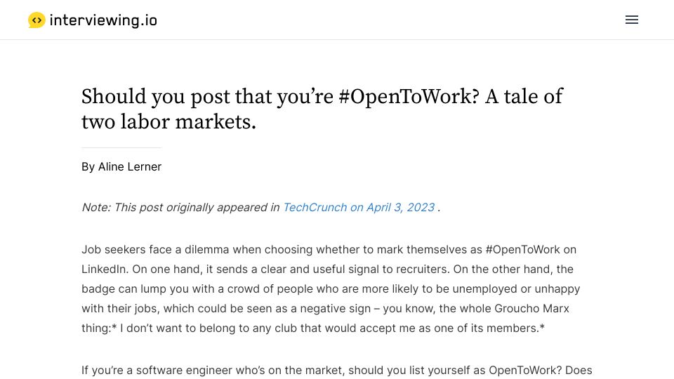 Screenshot of interviewing.io: Should you post that you’re OpenToWork? A tale of two labor markets