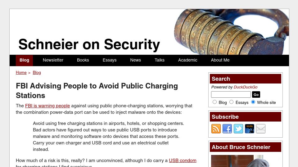 Screenshot of schneier.com: FBI is warning people against using public phone-charging stations