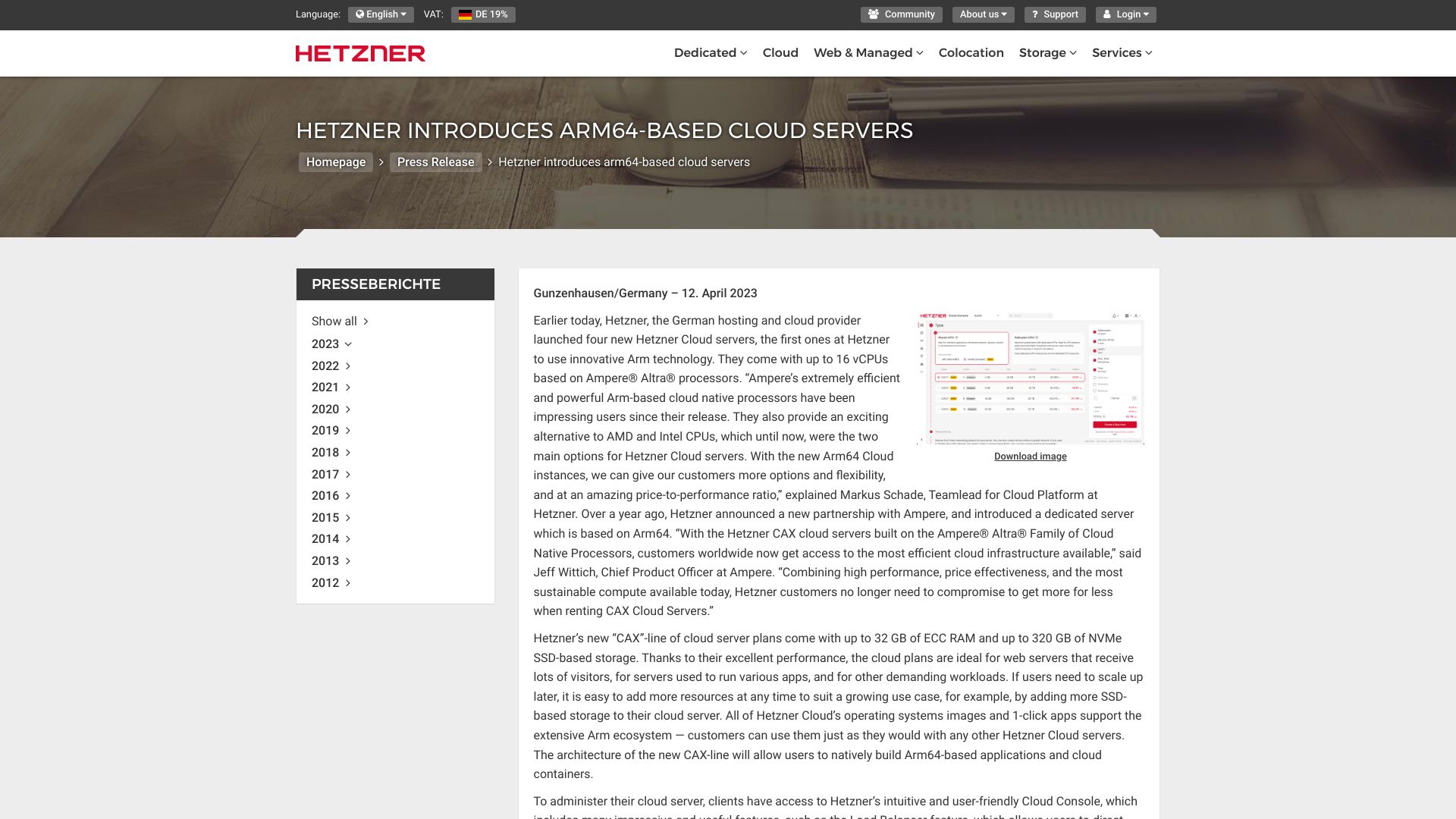 Screenshot of hetzner.com: Hetzner Introduces ARM64 Cloud Servers