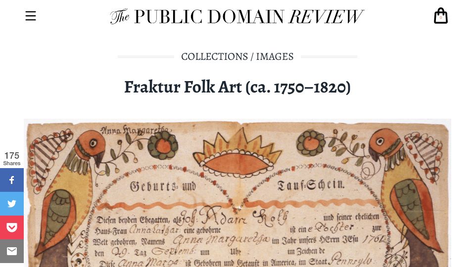 Screenshot of publicdomainreview.org: Fraktur Folk Art (ca. 1750–1820)