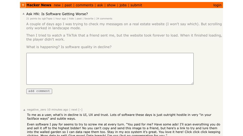 Screenshot of Hacker News post: Ask HN: Is Software Getting Worse?