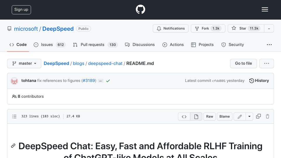 Screenshot of github.com: DeepSpeed Chat: Easy, fast and affordable RLHF training of ChatGPT-like models