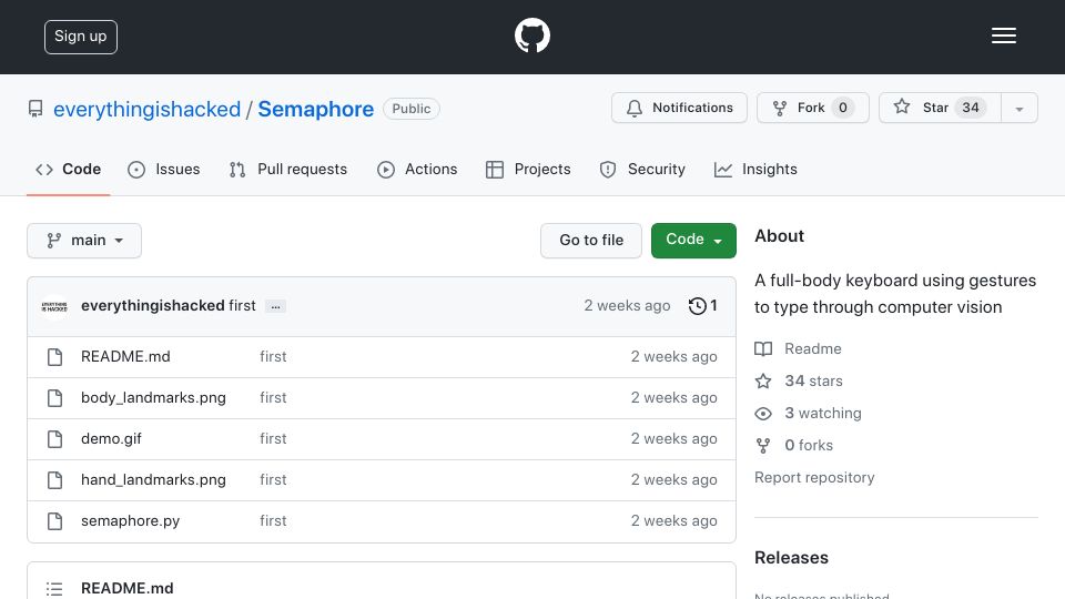 Screenshot of github.com: Semaphore: A Full-Body Keyboard