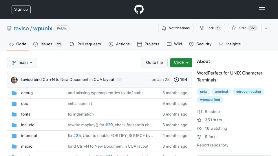 Screenshot of github.com: WordPerfect for Unix character terminals