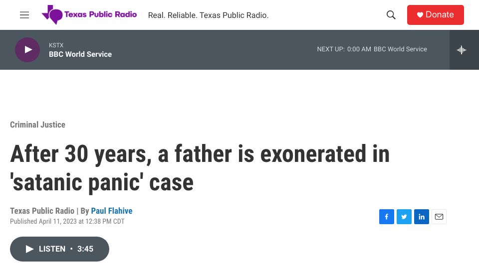 Screenshot of tpr.org: After 30 years, a father is exonerated in 'Satanic panic' case