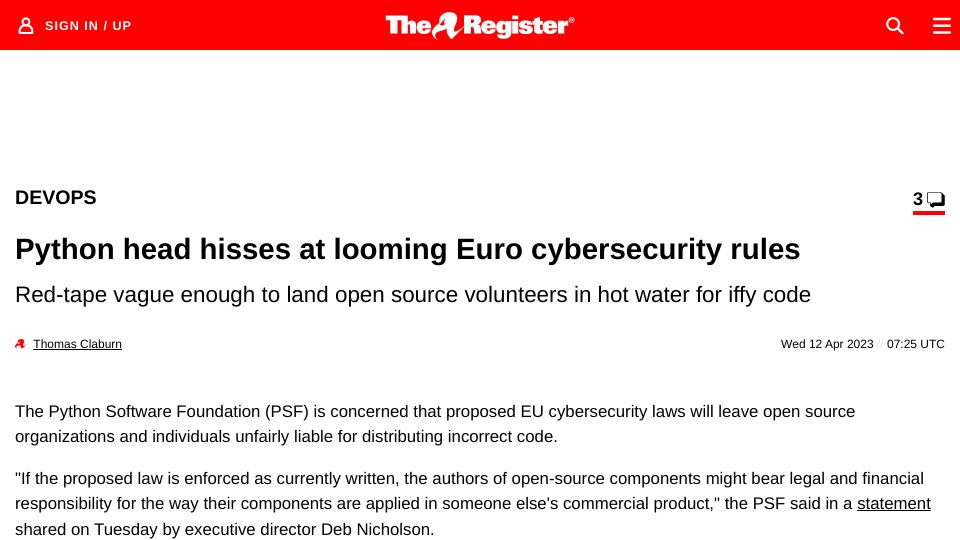 Screenshot of theregister.com: Python Software Foundation concern at looming Euro cybersecurity rules