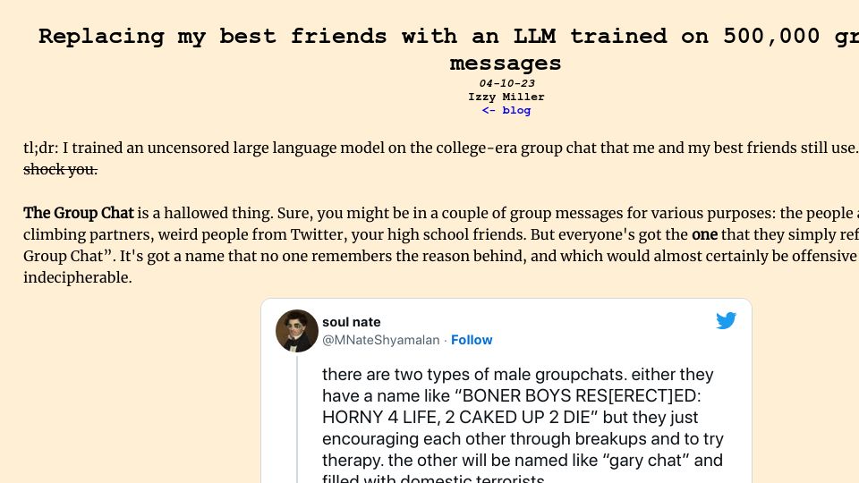 Screenshot of izzy.co: Replacing my best friends with an LLM trained on 500k group chat messages
