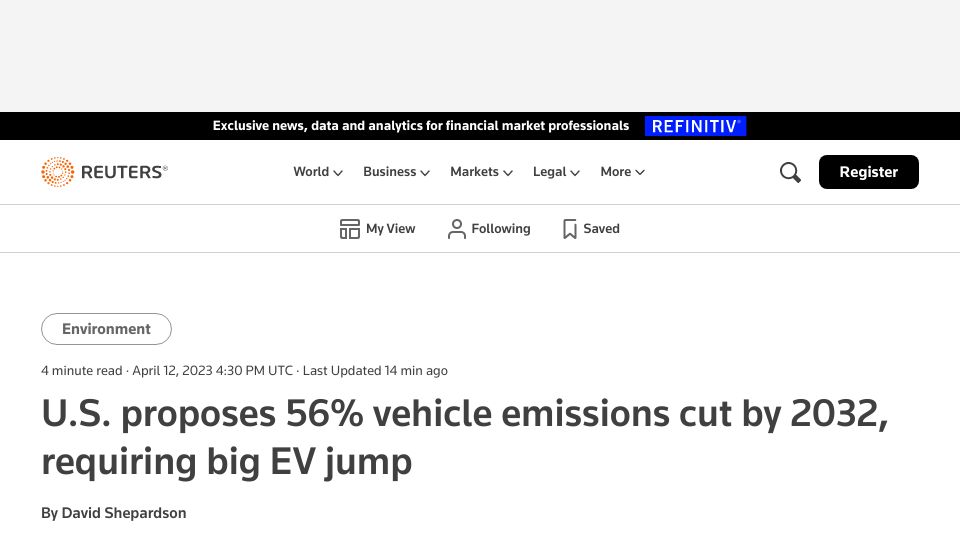 Screenshot of reuters.com: U.S. proposes 56% vehicle emissions cut by 2032, requiring big EV jump