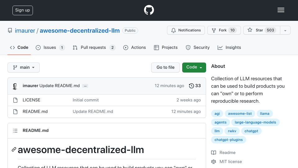 Screenshot of github.com: Collection of LLM resources that can be used to build products you can “own”