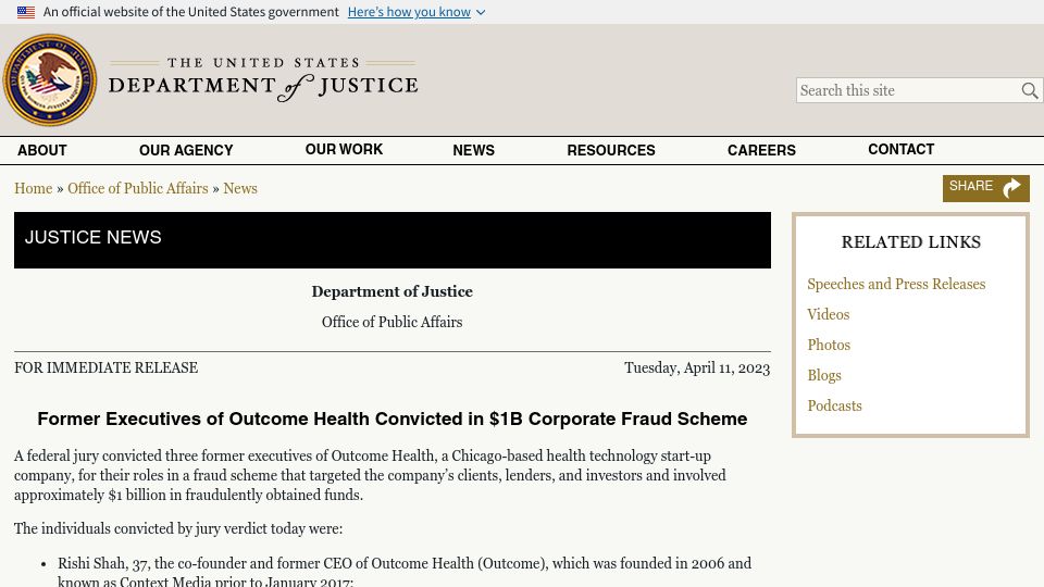 Screenshot of justice.gov: Former executives of Outcome Health convicted in $1B corporate fraud scheme