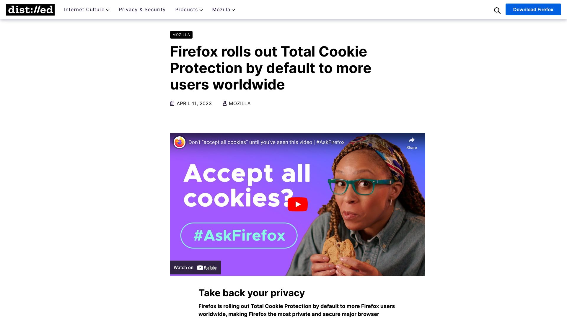 Screenshot of blog.mozilla.org: Firefox rolls out Total Cookie Protection by default to more users