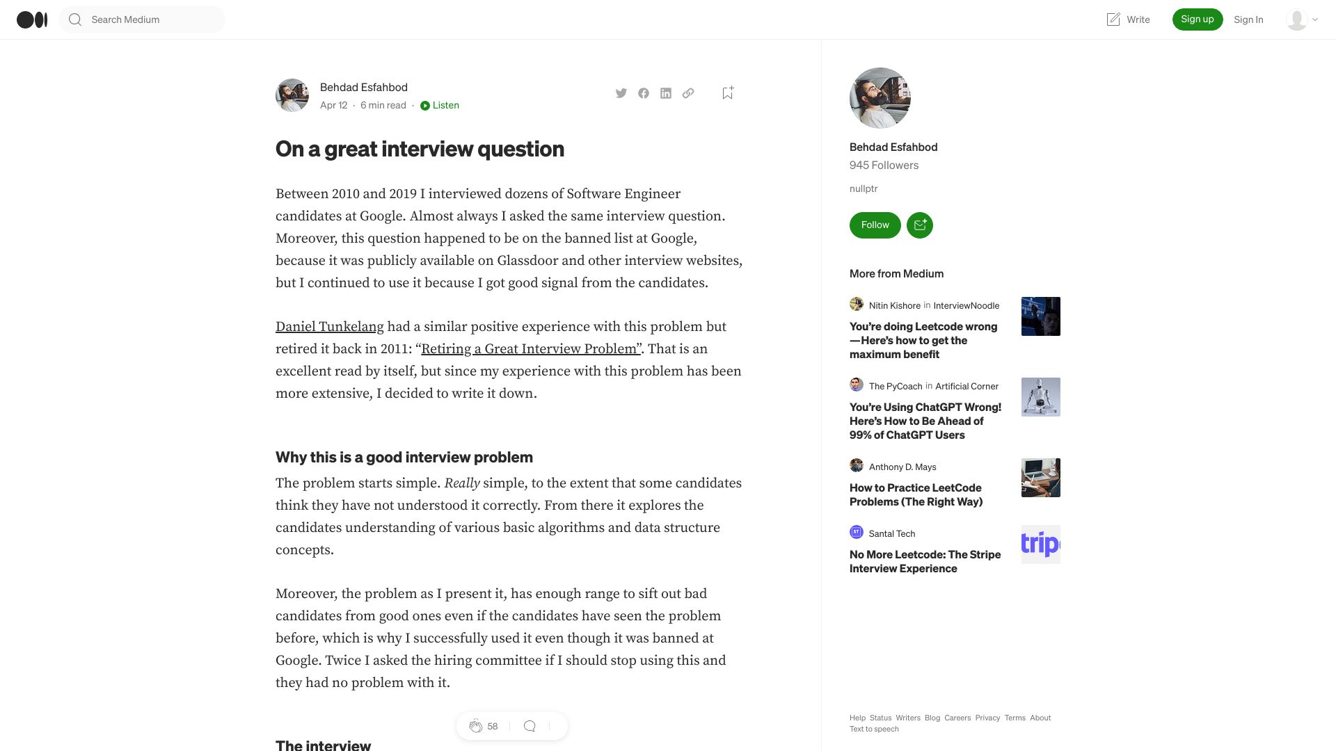 Screenshot of behdadesfahbod.medium.com: On a great interview question