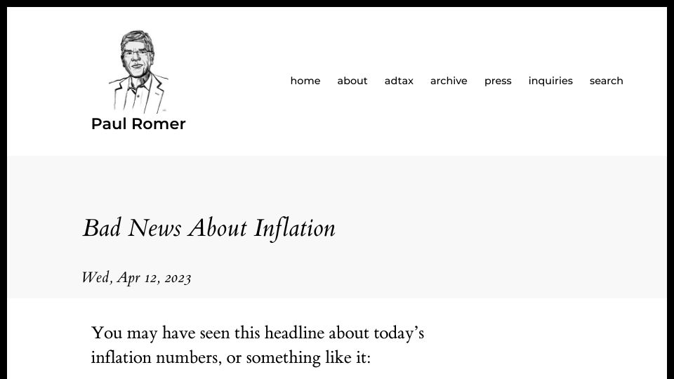 Screenshot of paulromer.net: Bad News About Inflation