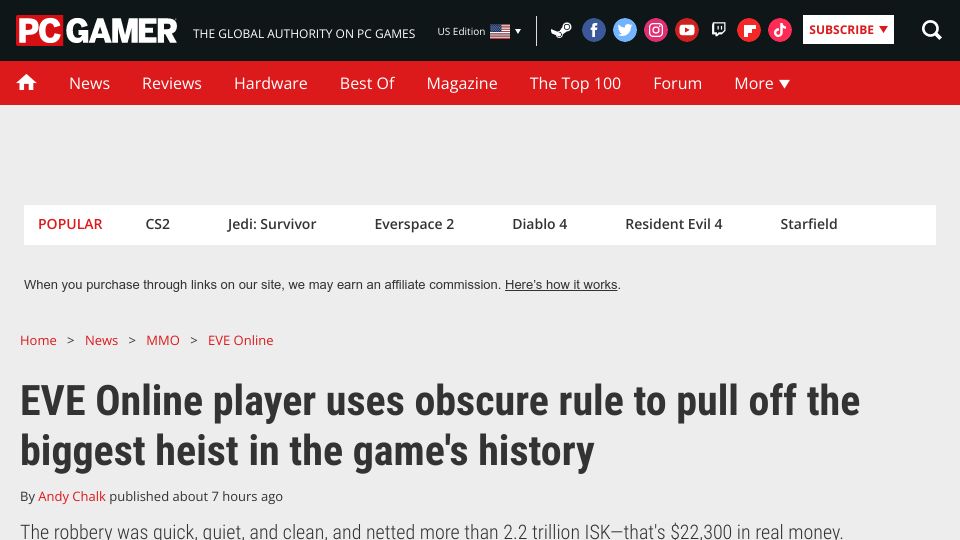 Screenshot of pcgamer.com: EVE Online player uses obscure rule to pull off biggest heist in game history