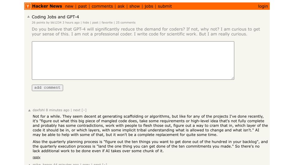 Screenshot of Hacker News post: Coding Jobs and GPT-4