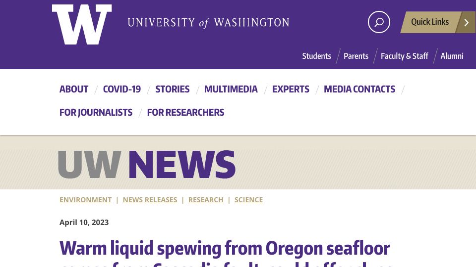 Screenshot of washington.edu: Warm liquid from Oregon seafloor comes from Cascadia fault