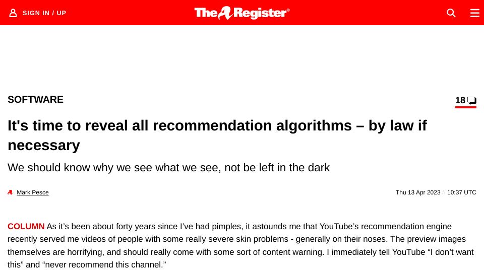 Screenshot of theregister.com: It's time to reveal all recommendation algorithms – by law if necessary