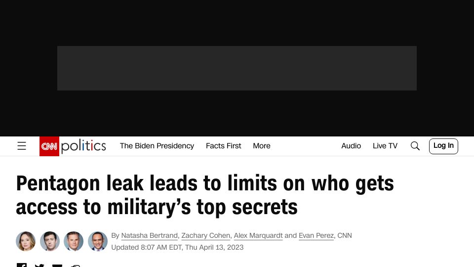 Screenshot of cnn.com: Pentagon leak leads to limits on who gets access to military’s top secrets