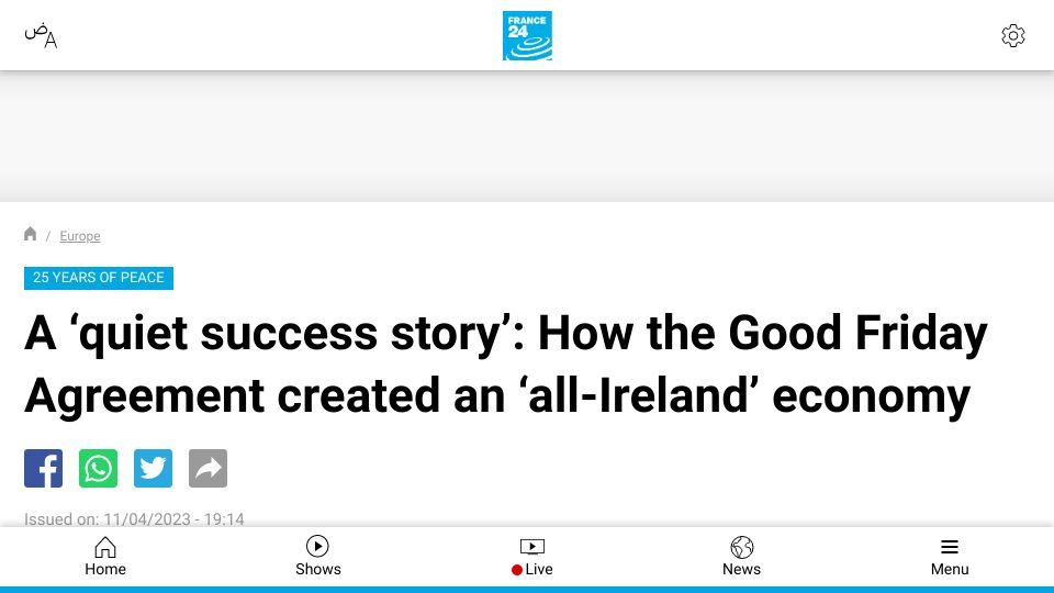 Screenshot of france24.com: How the Good Friday Agreement created an ‘all-Ireland’ economy