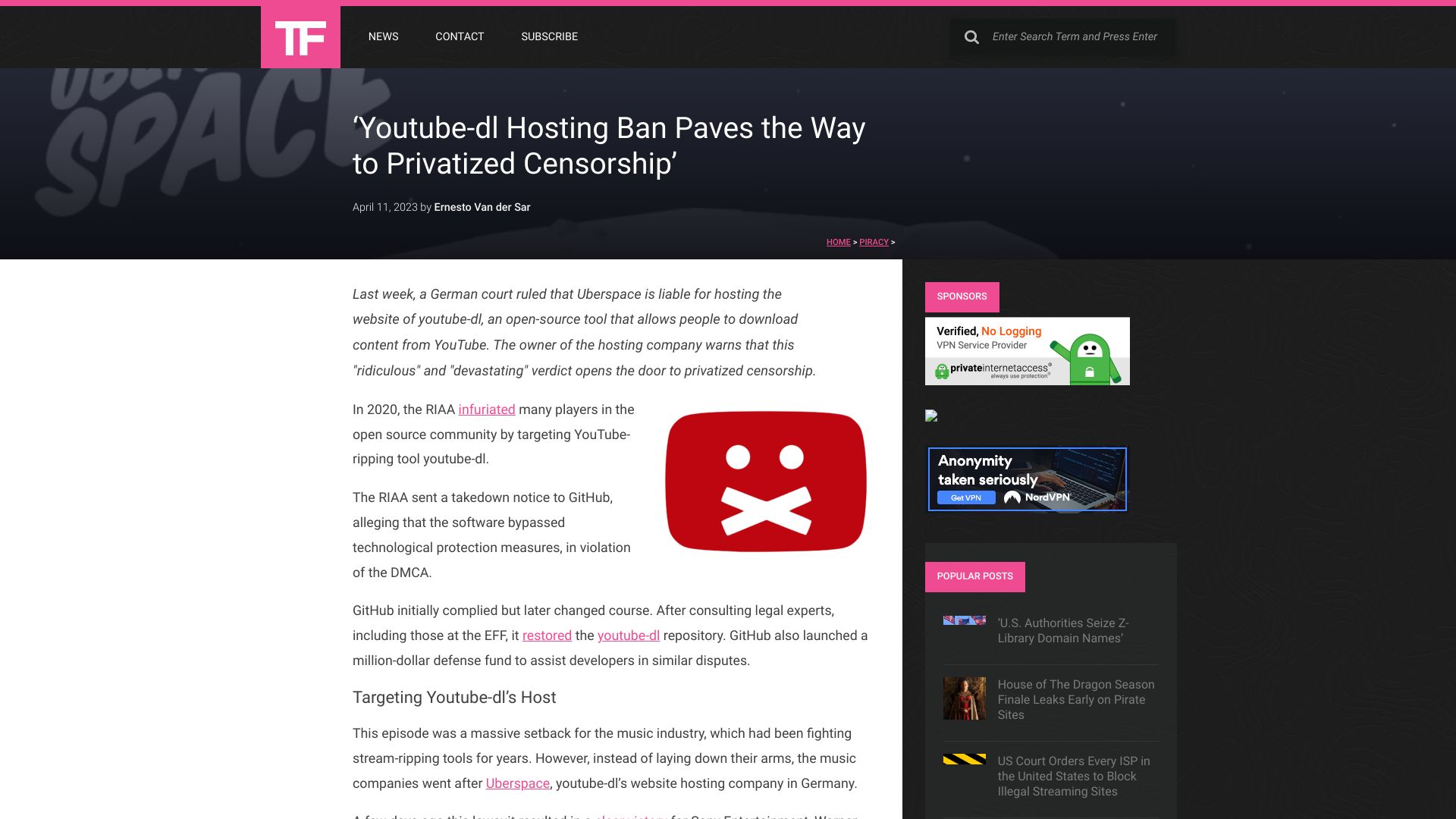 Screenshot of torrentfreak.com: YouTube-DL Hosting Ban Paves the Way to Privatized Censorship