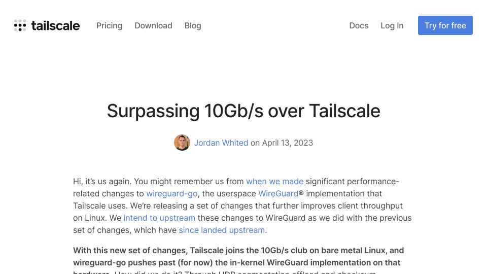 Screenshot of tailscale.com: Surpassing 10Gb/S over Tailscale