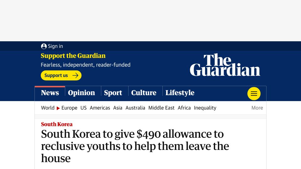 Screenshot of theguardian.com: South Korea to give $490 allowance to reclusive youths to help them leave house