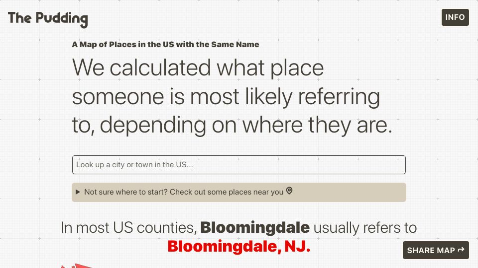 Screenshot of pudding.cool: A Map of Places in the US with the Same Name