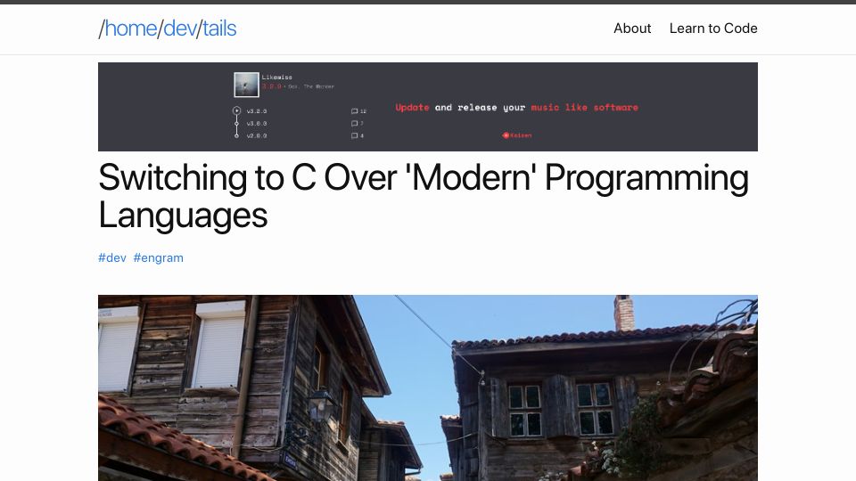 Screenshot of devtails.xyz: Switching to C over 'Modern' Programming Languages