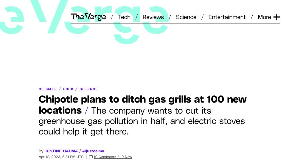 Screenshot of theverge.com: Chipotle plans to ditch gas grills at 100 new locations