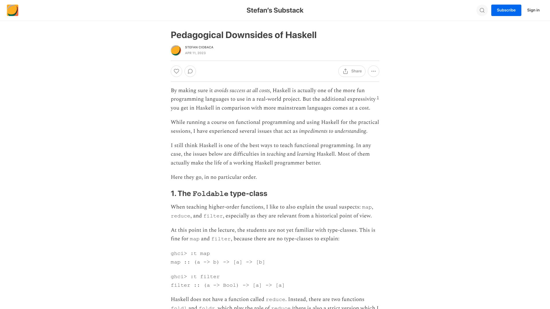 Screenshot of ciobaca.substack.com: Pedagogical Downsides of Haskell