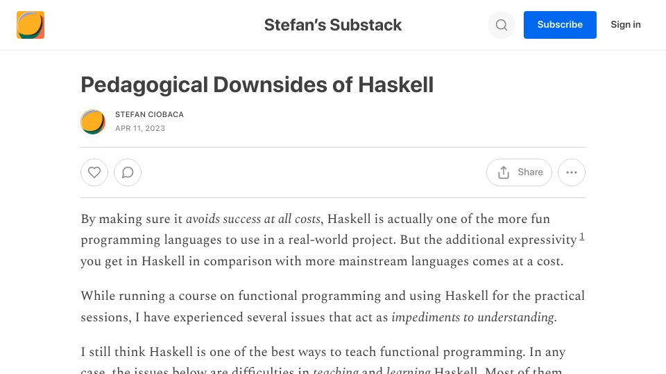 Screenshot of ciobaca.substack.com: Pedagogical Downsides of Haskell