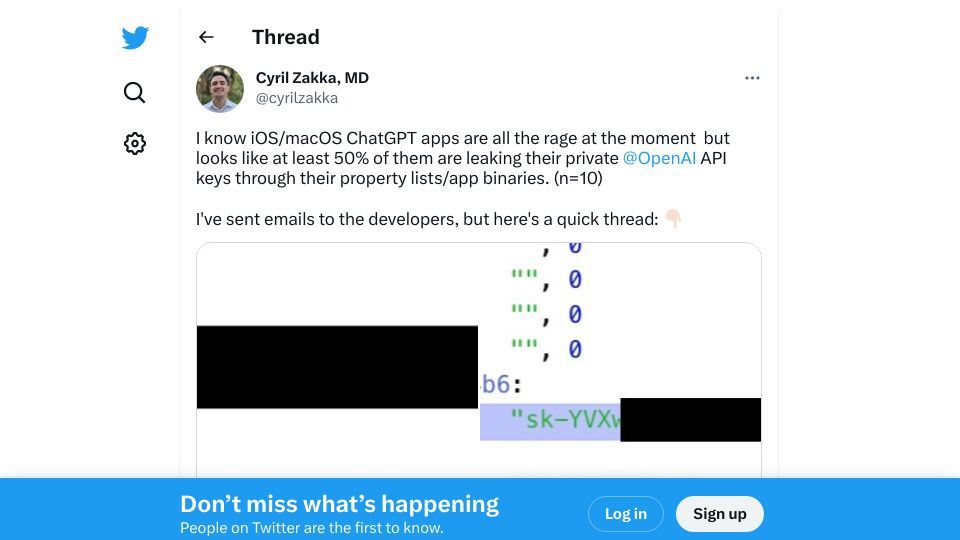 Screenshot of twitter.com: OpenAI API keys leaking through app binaries