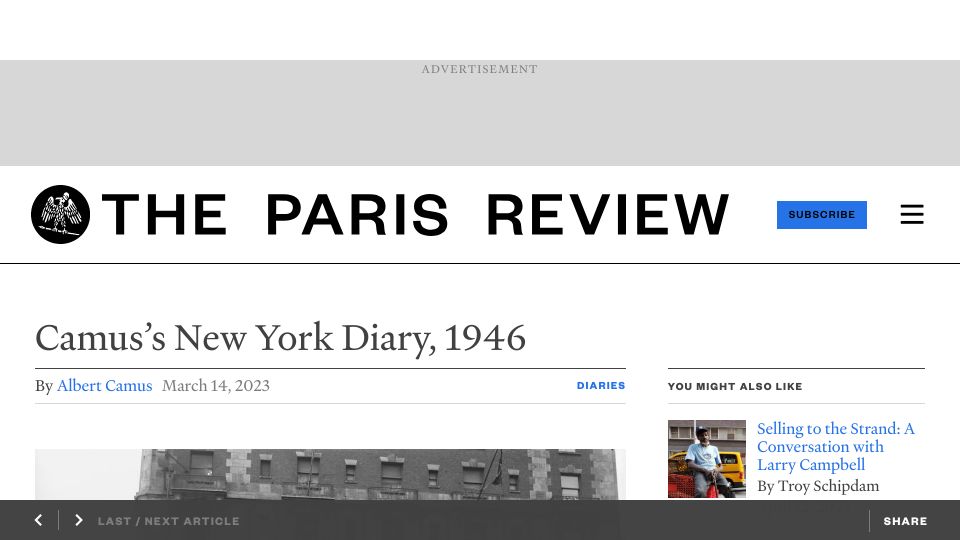 Screenshot of theparisreview.org: Camus's New York Diary (1946)