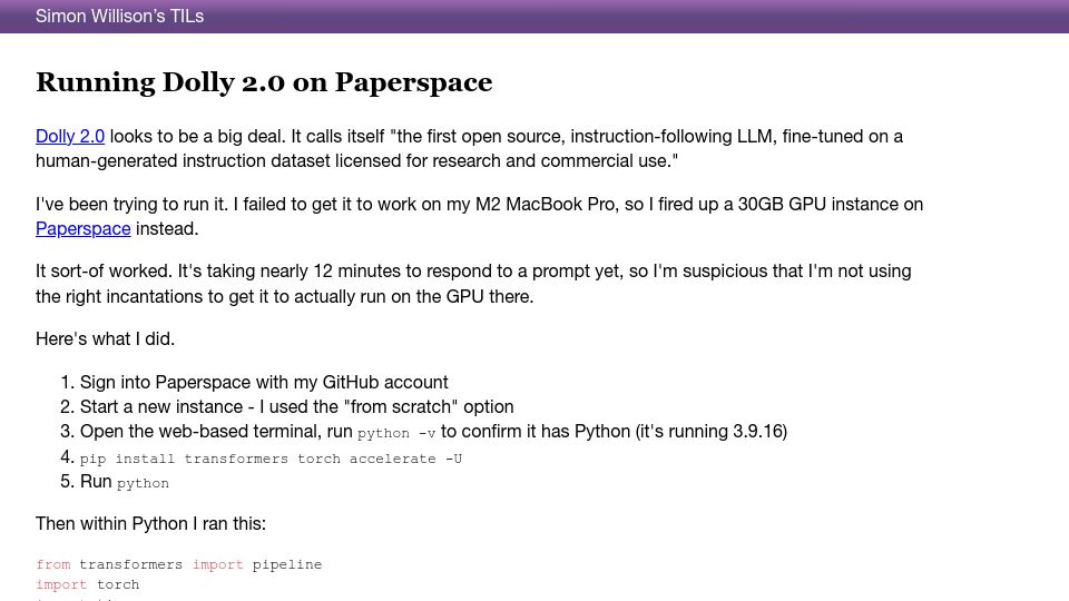 Screenshot of til.simonwillison.net: Running Dolly 2.0 on Paperspace