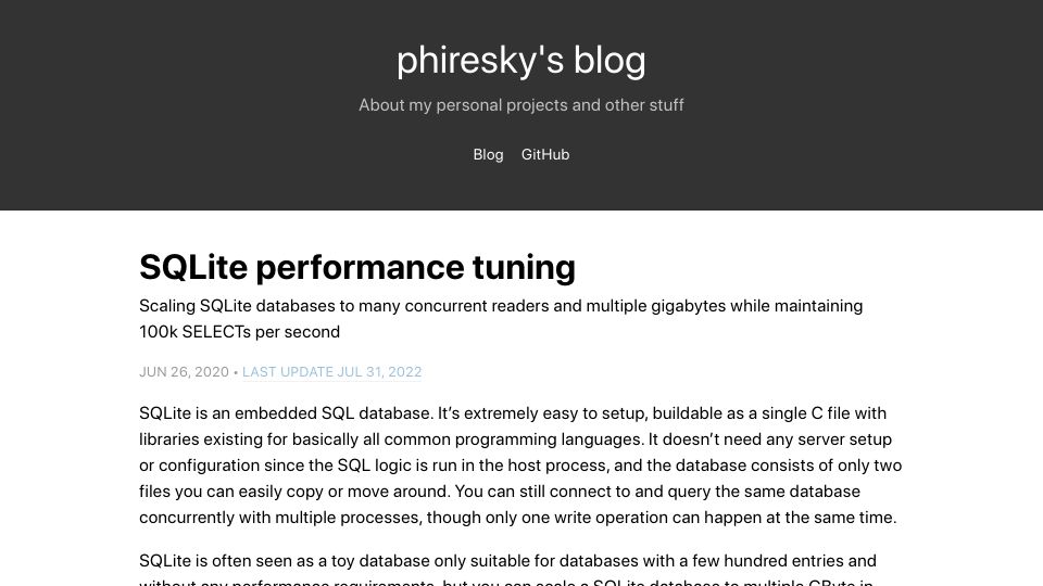 Screenshot of phiresky.github.io: SQLite performance tuning: concurrent reads, multiple GBs and 100k SELECTs/s