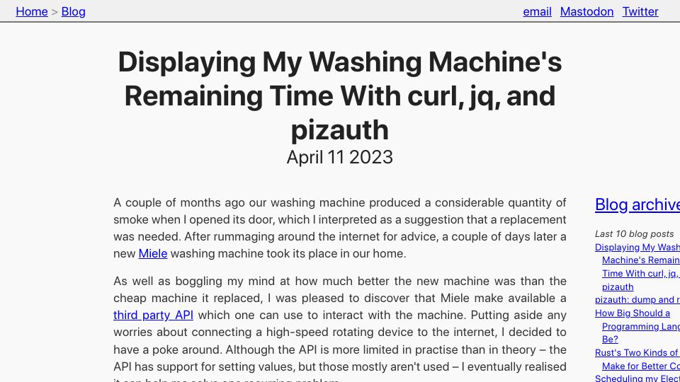 Screenshot of tratt.net: Displaying my washing machine's remaining time with curl, jq, and pizauth