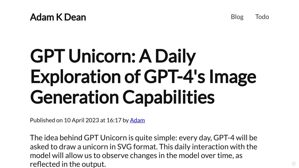 Screenshot of adamkdean.co.uk: GPT Unicorn: A Daily Exploration of GPT-4's Image Generation Capabilities