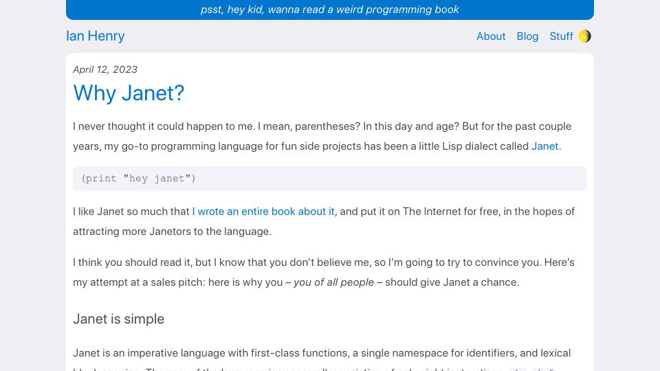 Screenshot of ianthehenry.com: Why Janet?