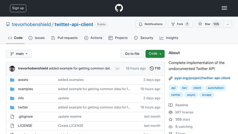 Screenshot of github.com: Show HN: Twitter API Reverse Engineered
