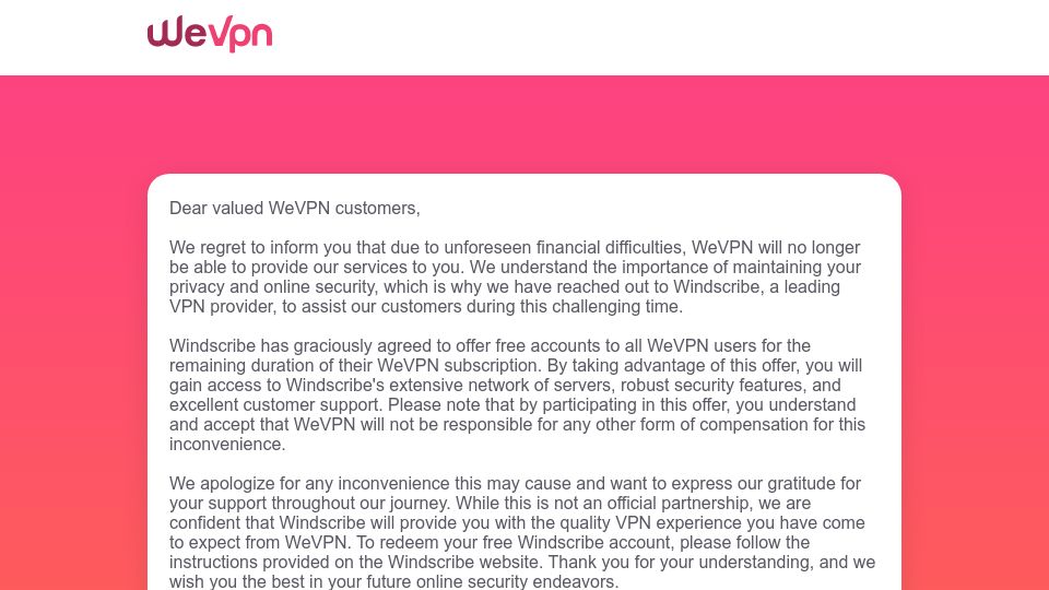 Screenshot of wevpn.com: WeVPN Is Shutting Down