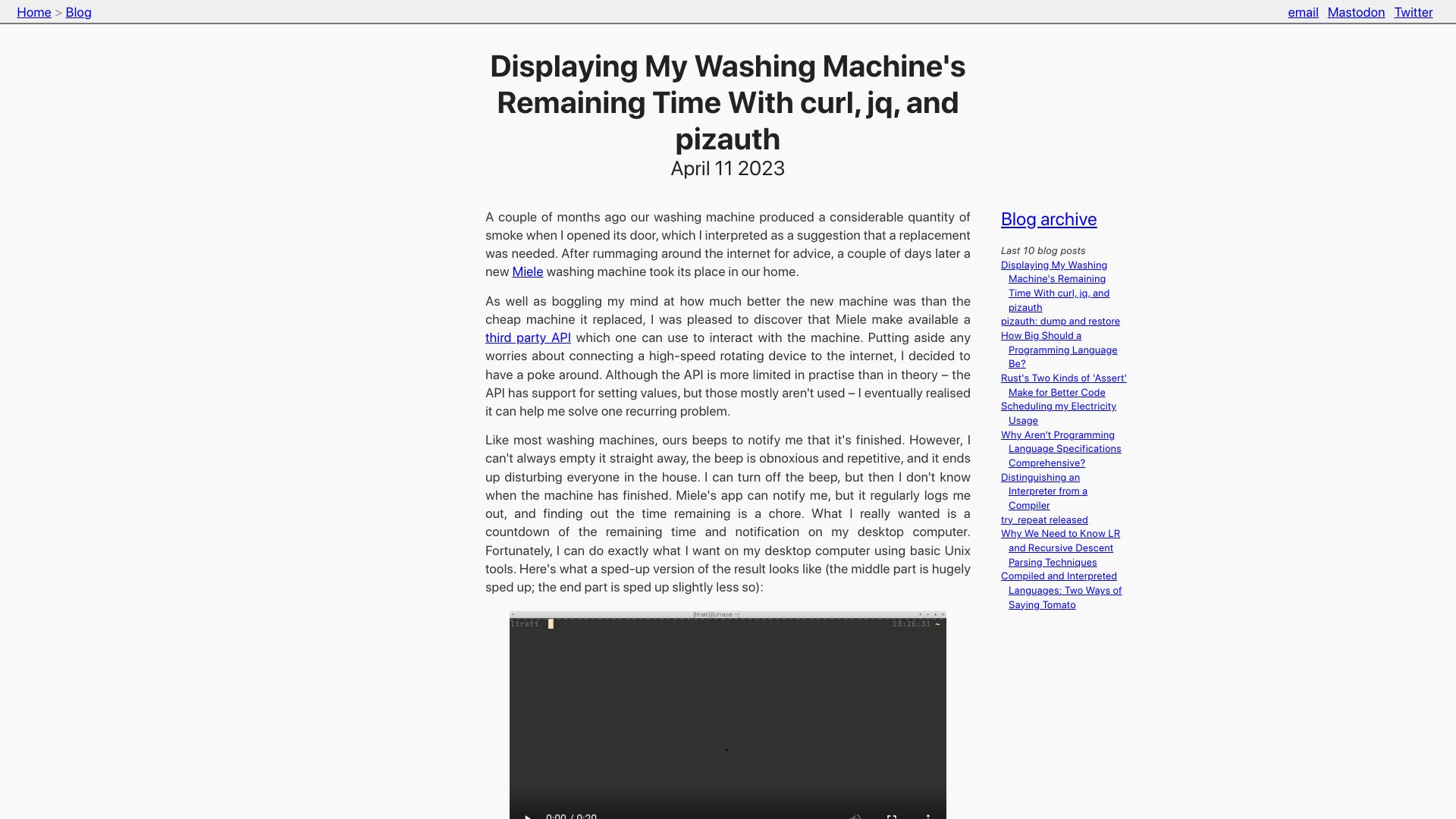 Screenshot of tratt.net: Displaying my washing machine's remaining time with curl, jq, and pizauth