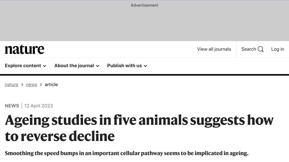 Screenshot of nature.com: Ageing studies in five animals suggests how to reverse decline