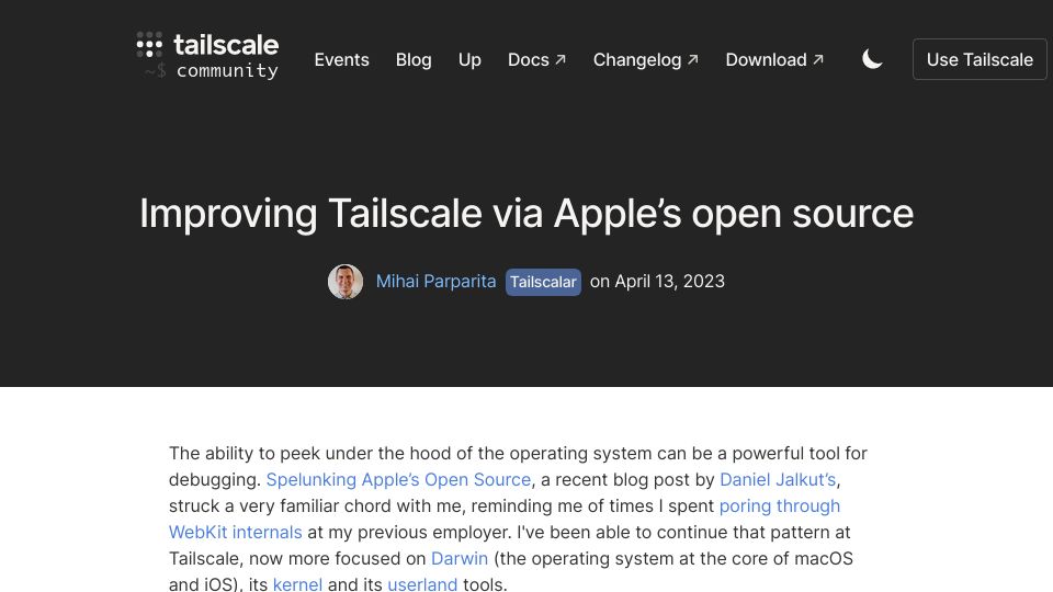Screenshot of tailscale.dev: Improving Tailscale via Apple’s open source