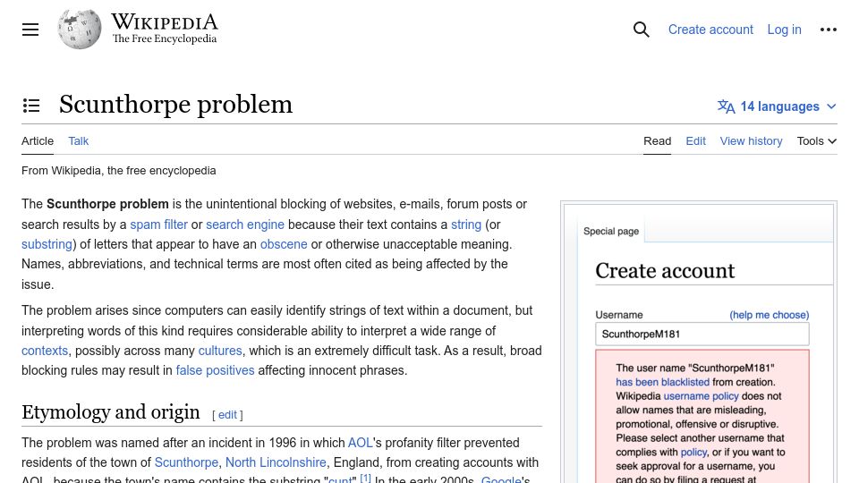 Screenshot of en.wikipedia.org: Scunthorpe Problem