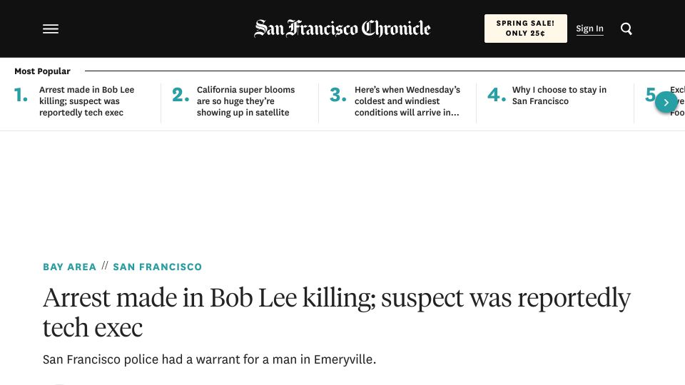 Screenshot of sfchronicle.com: Arrest made in Bob Lee killing; suspect was tech exec