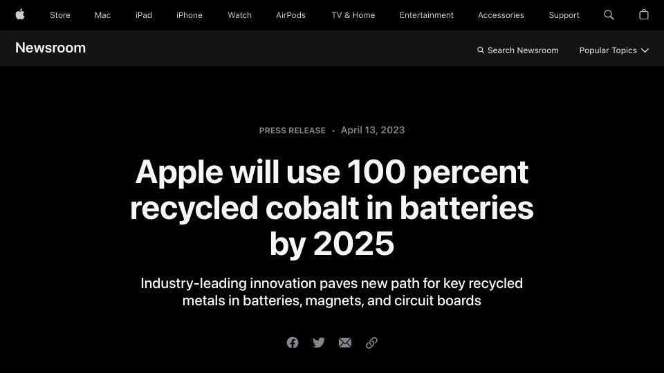 Screenshot of apple.com: Apple will use 100 percent recycled cobalt in batteries by 2025