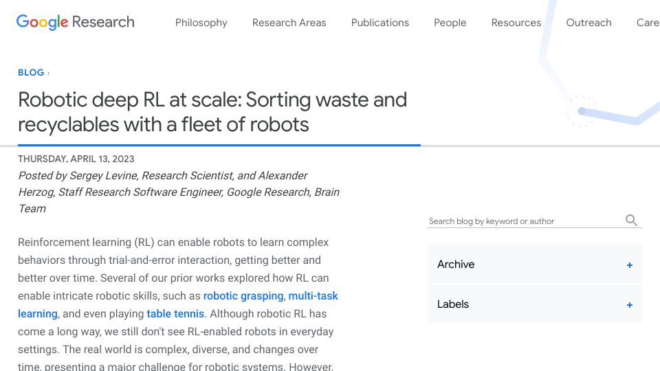 Screenshot of ai.googleblog.com: Sorting waste and recyclables with a fleet of robots
